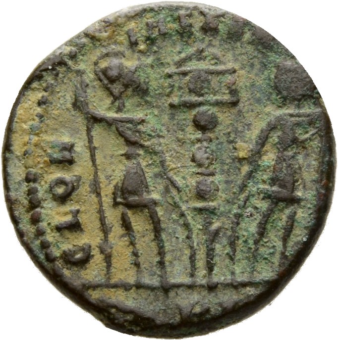 RIC VII Lugdunum 285 Constantine I reverse, Two soldiers, helmeted, draped, cuirassed, standing facing each other, each ho...