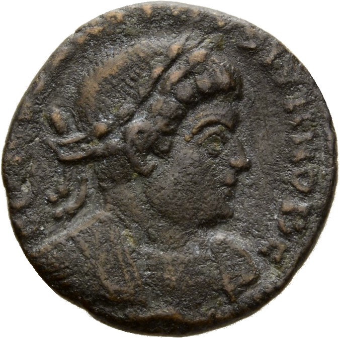 RIC VII Lugdunum 286 Constantine I obverse, Bust of Constantine II, laureate, cuirassed, right