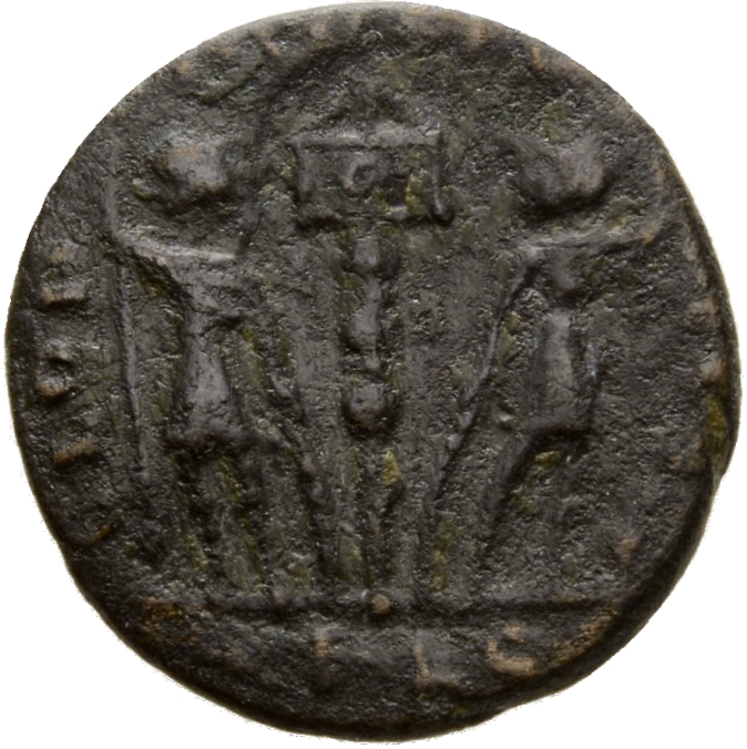 RIC VII Lugdunum 286 Constantine I reverse, Two soldiers, helmeted, draped, cuirassed, standing facing each other, each ho...