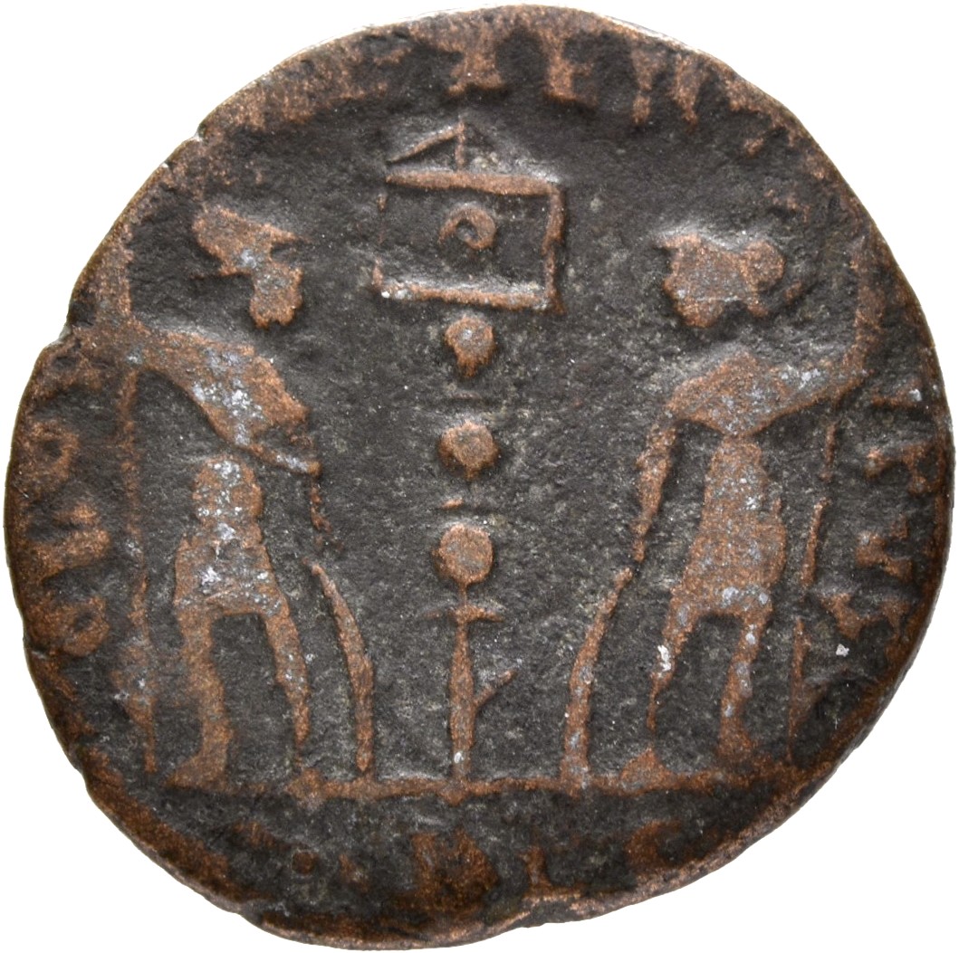 RIC VII Lugdunum 286 Constantine I reverse, Two soldiers, helmeted, draped, cuirassed, standing facing each other, each ho...