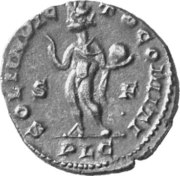 RIC VII Lugdunum 3 Constantine I reverse, Sol, radiate, standing left, chlamys draped across left shoulder, raising right ...