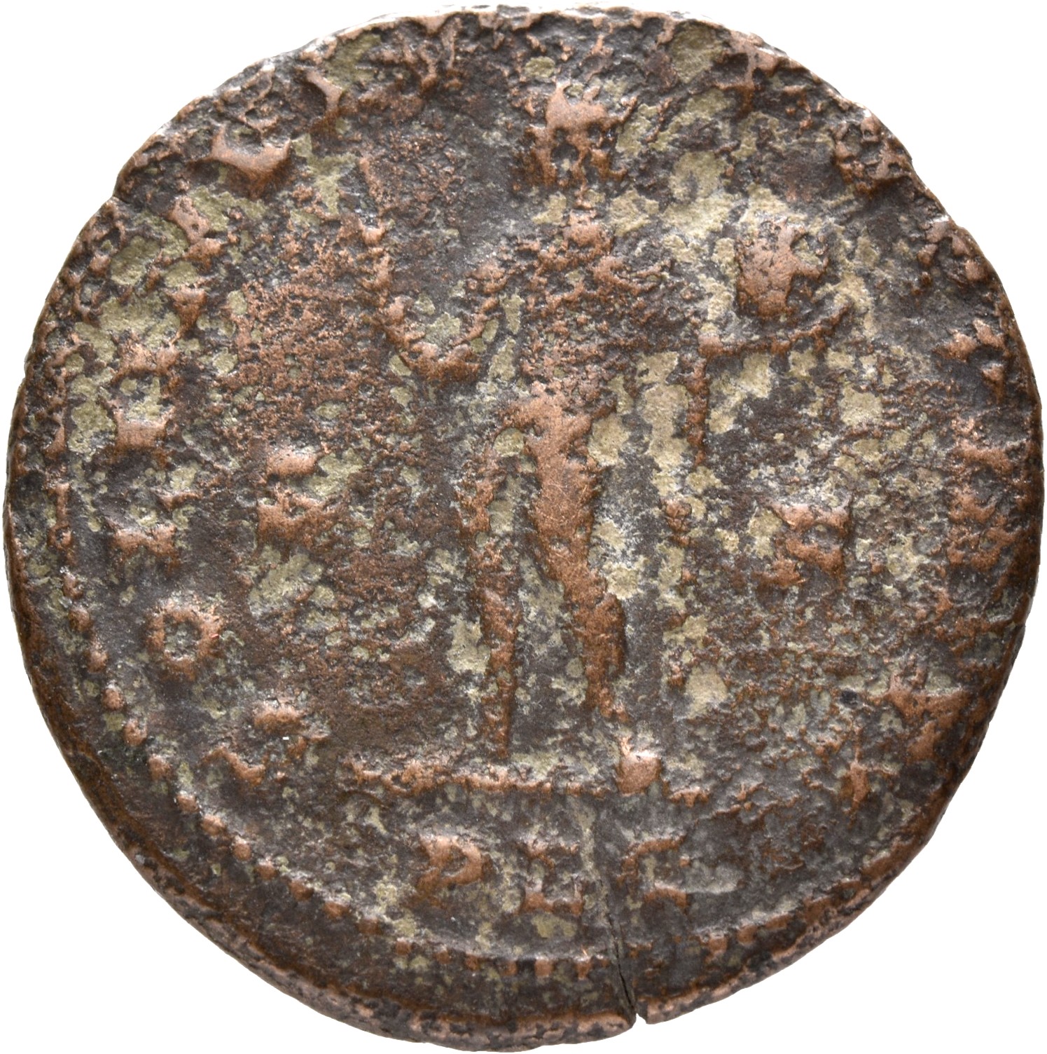 RIC VII Lugdunum 3 Constantine I reverse, Sol, radiate, standing left, chlamys draped across left shoulder, raising right ...