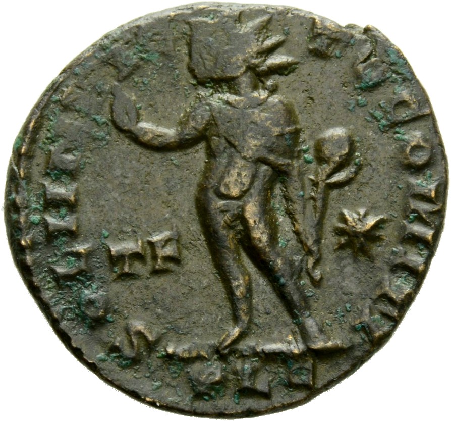 Constantine I reverse — Sol, radiate, standing left, chlamys draped across left shoulder, raising right hand and holding globe in left hand