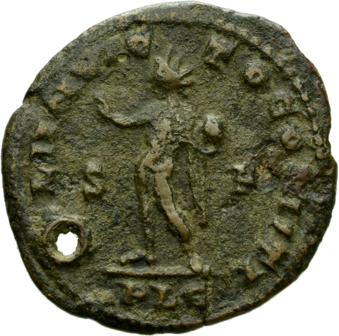 RIC VII Lugdunum 4 Constantine I reverse, Sol, radiate, standing left, chlamys draped across left shoulder, raising right ...