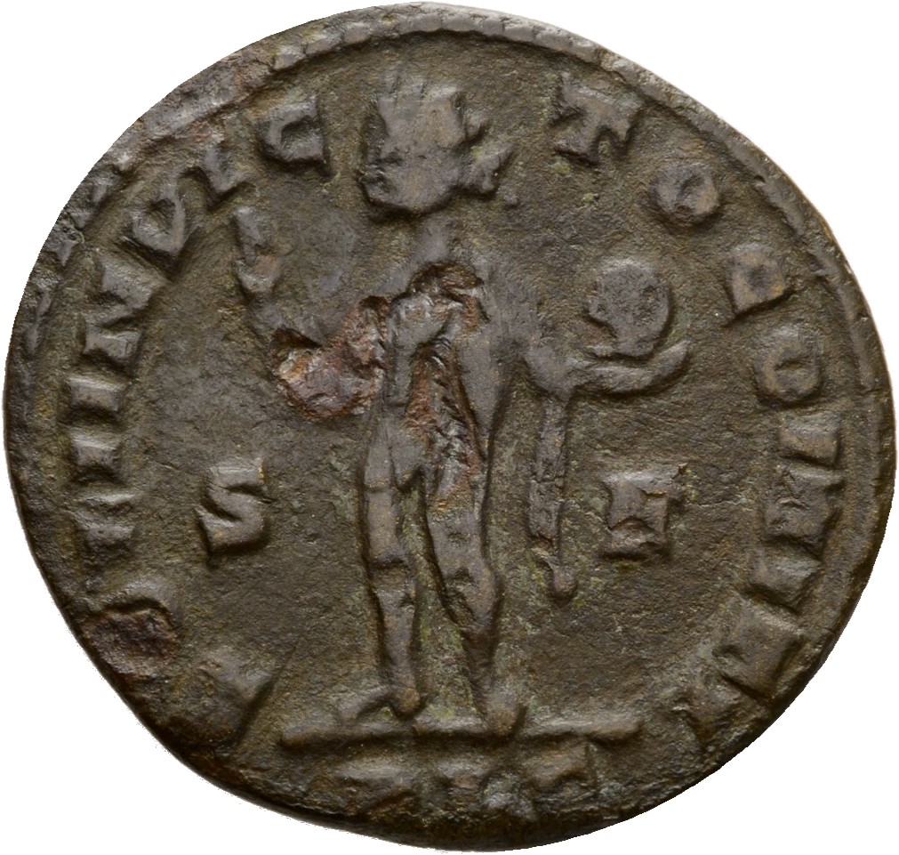 Constantine I reverse — Sol, radiate, standing left, chlamys draped across left shoulder, raising right hand and holding globe in left hand