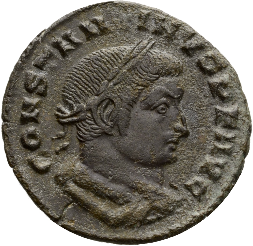 RIC VII Lugdunum 5 Constantine I obverse, Bust of Constantine I, laureate, draped, cuirassed, right, seen from behind