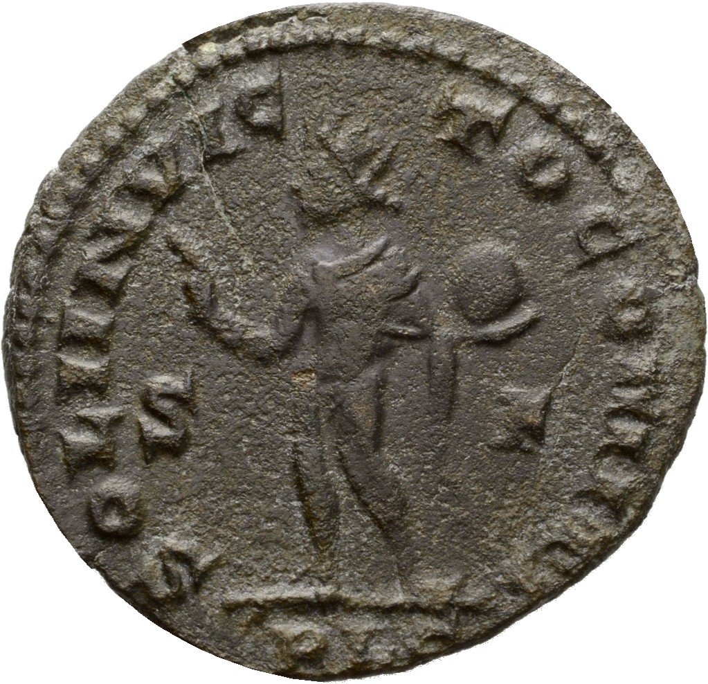 RIC VII Lugdunum 5 Constantine I reverse, Sol, radiate, standing left, chlamys draped across left shoulder, raising right ...