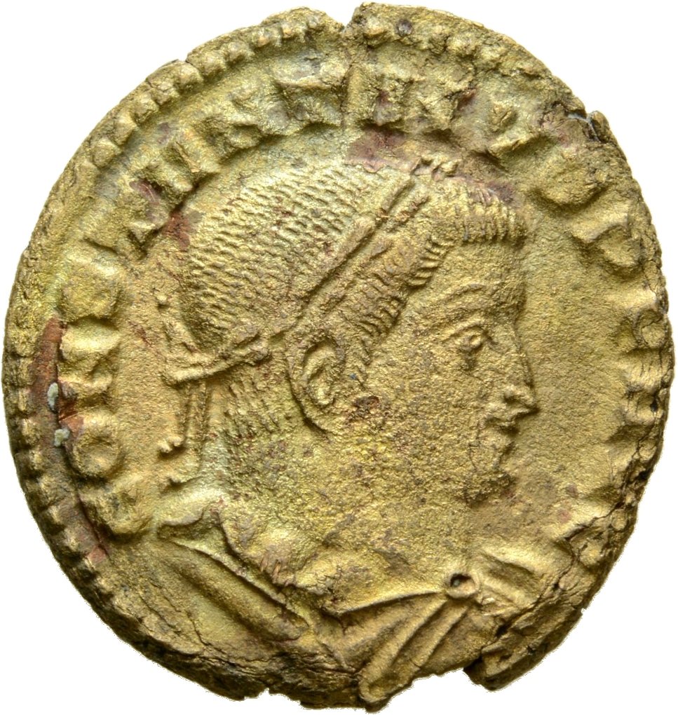 Constantine I obverse — Bust of Constantine I, laureate, draped, cuirassed, right, seen from behind