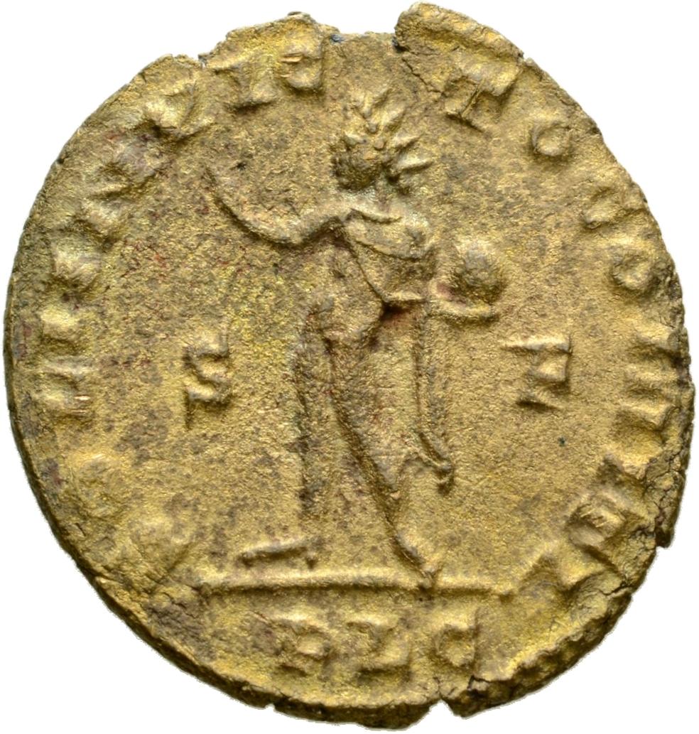 Constantine I reverse — Sol, radiate, standing left, chlamys draped across left shoulder, raising right hand and holding globe in left hand