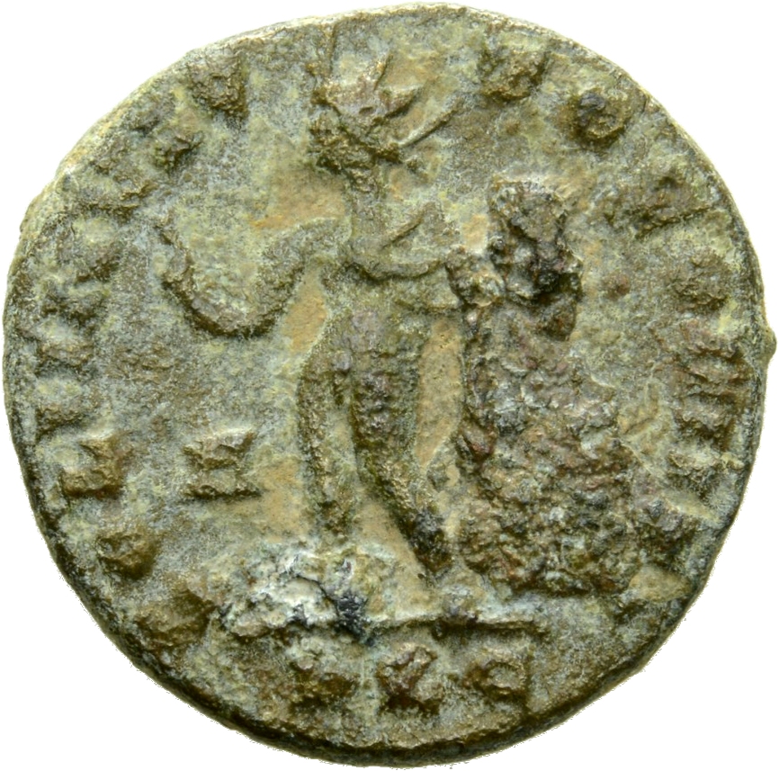 RIC VII Lugdunum 53 Constantine I reverse, Sol, radiate, standing left, chlamys draped across left shoulder, raising right...