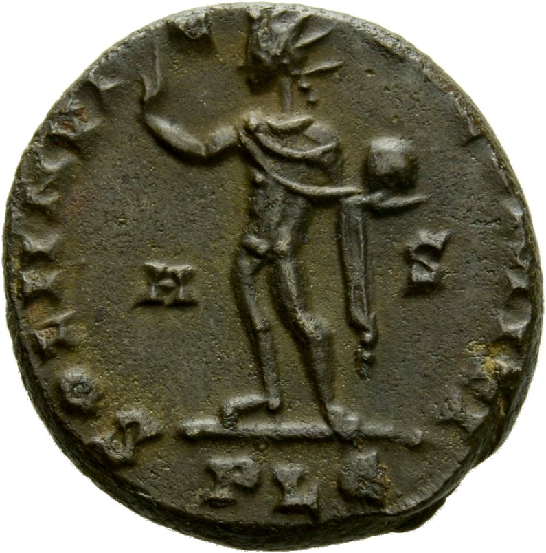 Constantine I reverse — Sol, radiate, standing left, chlamys draped across left shoulder, raising right hand and holding globe in left hand