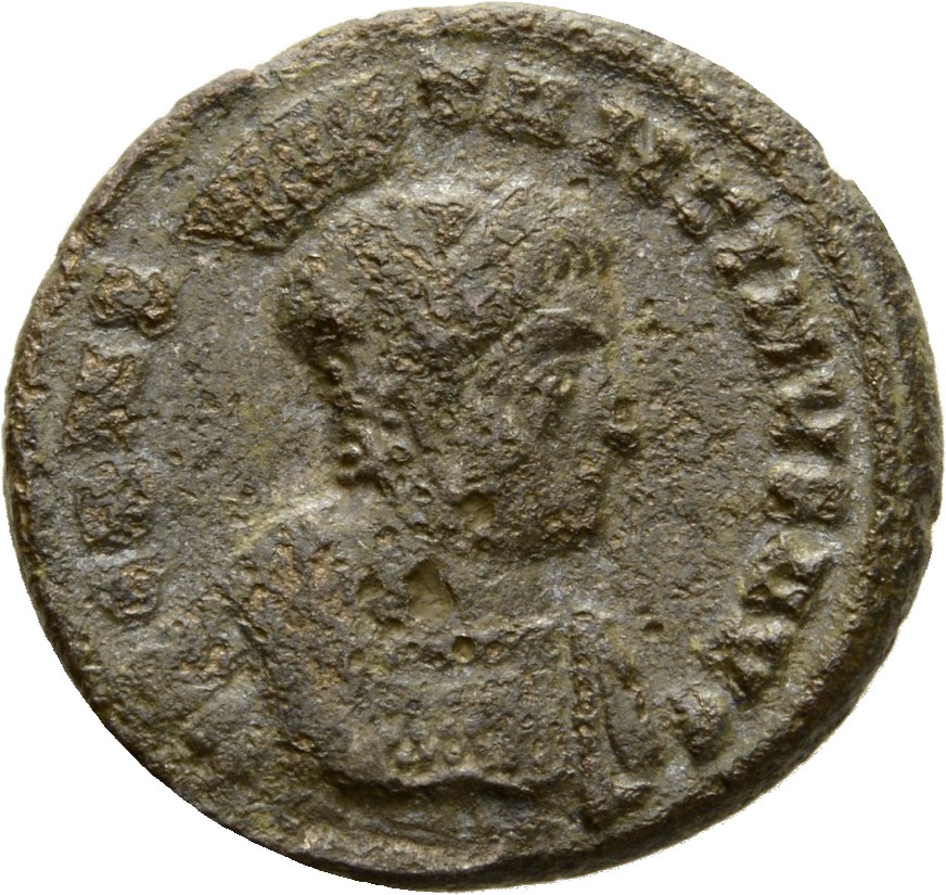 Constantine I obverse — Bust of Constantine I, wearing high crested helmet, cuirassed, right
