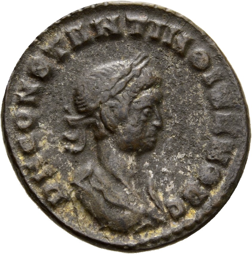 RIC VII Lugdunum 76 Constantine I obverse, Bust of Constantine II, laureate, draped, cuirassed, right, seen from behind