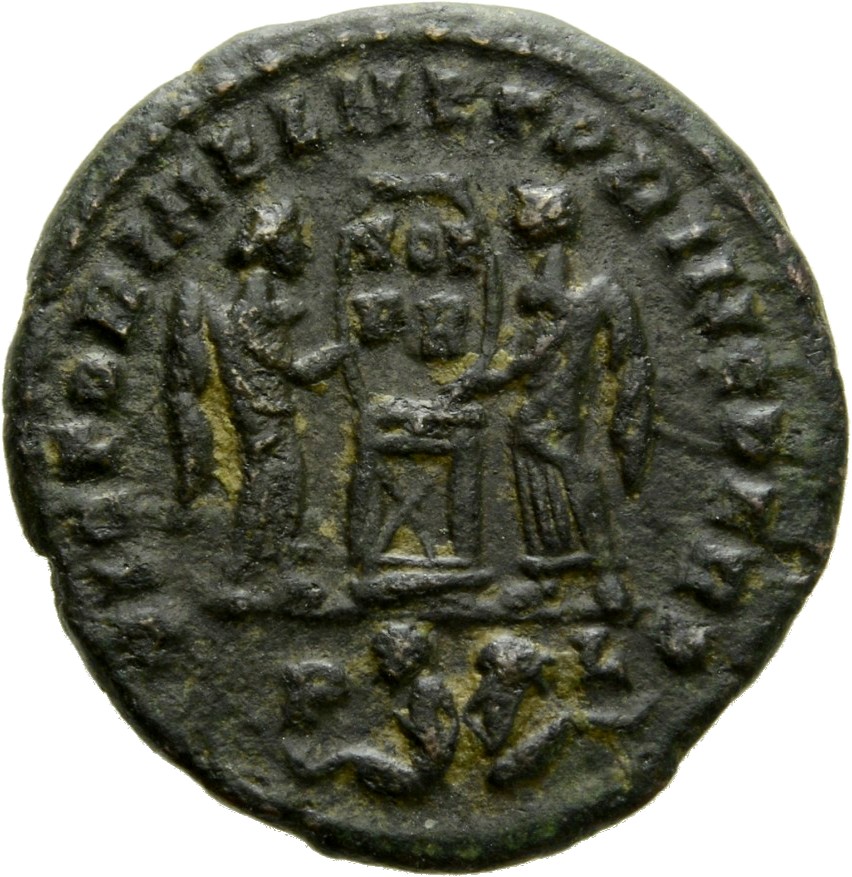 RIC VII Lugdunum 79 Constantine I reverse, Two Victories, winged, draped, facing each other, holding a shield inscribed VO...