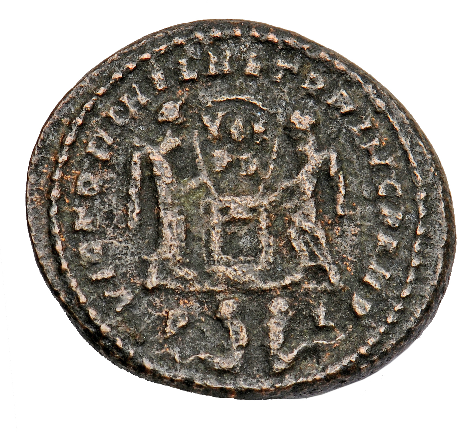 RIC VII Lugdunum 79 Constantine I reverse, Two Victories, winged, draped, facing each other, holding a shield inscribed VO...