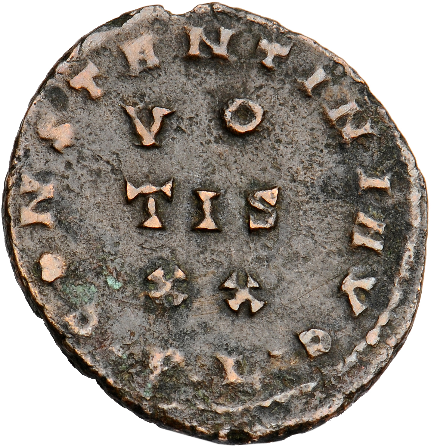 RIC VII Lugdunum 91 Constantine I reverse, VO/TIS/XX