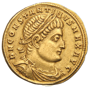 Constantine I obverse — Bust of Constantine I, laureate, draped, cuirassed, right
