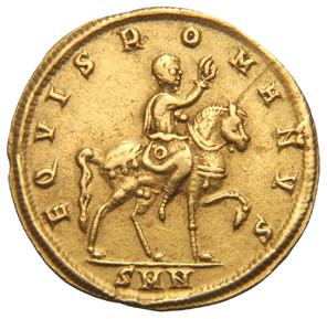 Constantine I reverse — Constantine I, draped, cuirassed, mounted right, raising right hand