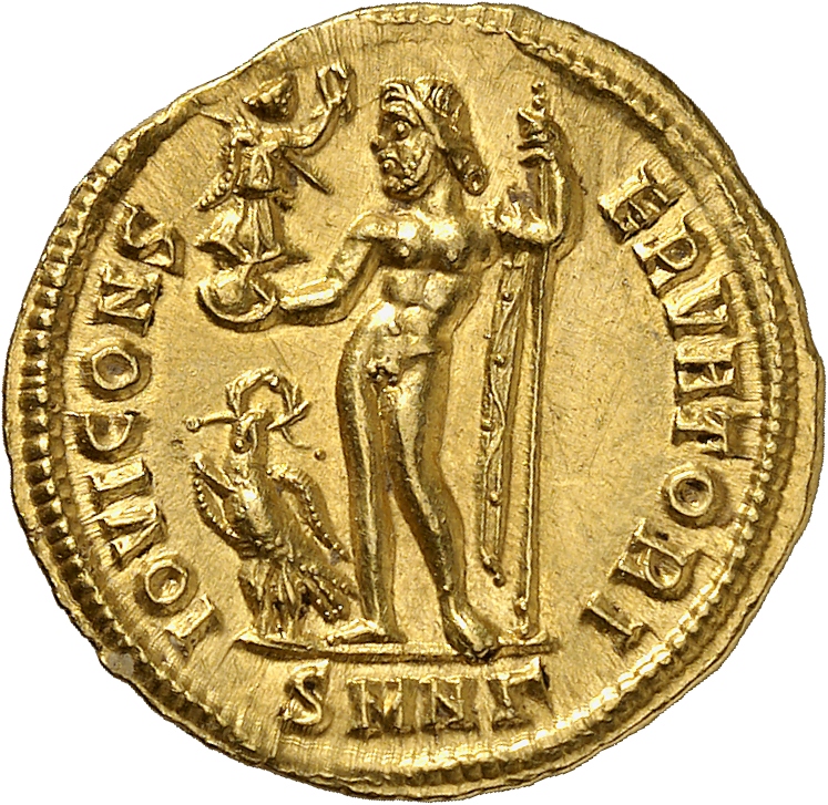 RIC VII Nicomedia 11 Licinius reverse, Jupiter, nude, chlamys draped across left shoulder, standing left, holding Victory ...