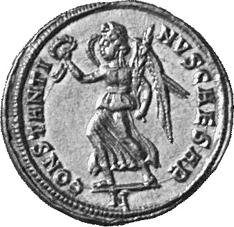 RIC VII Nicomedia 112 Constantine I reverse, Victory, winged, draped, advancing left, holding wreath in right hand and pal...