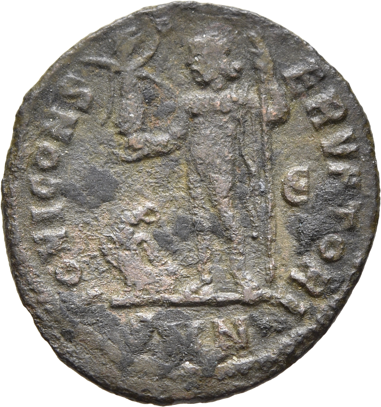 RIC VII Nicomedia 12 Licinius reverse, Jupiter, nude, chlamys draped across left shoulder, standing left, holding Victory ...