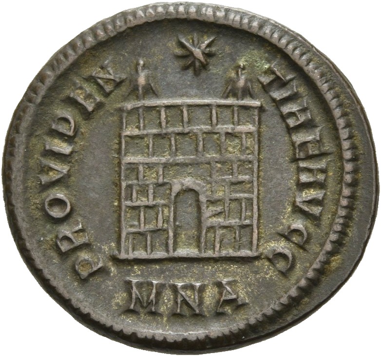 RIC VII Nicomedia 121 Constantine I reverse, Camp gate with two turrets, without doors, with varying number of stone layer...