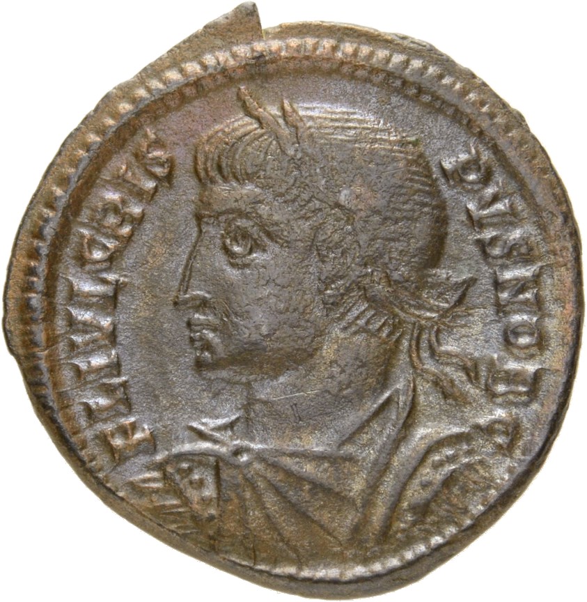 RIC VII Nicomedia 122 Constantine I obverse, Bust of Crispus, laureate, draped, cuirassed, left