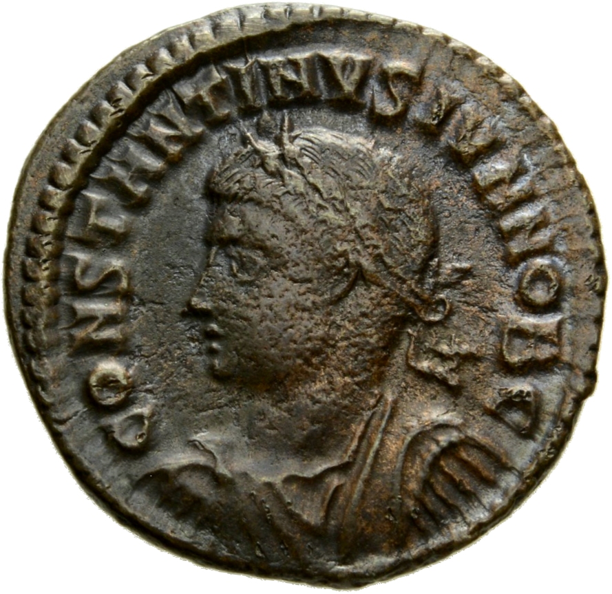 Constantine I obverse — Bust of Constantine II, laureate, draped, cuirassed, left