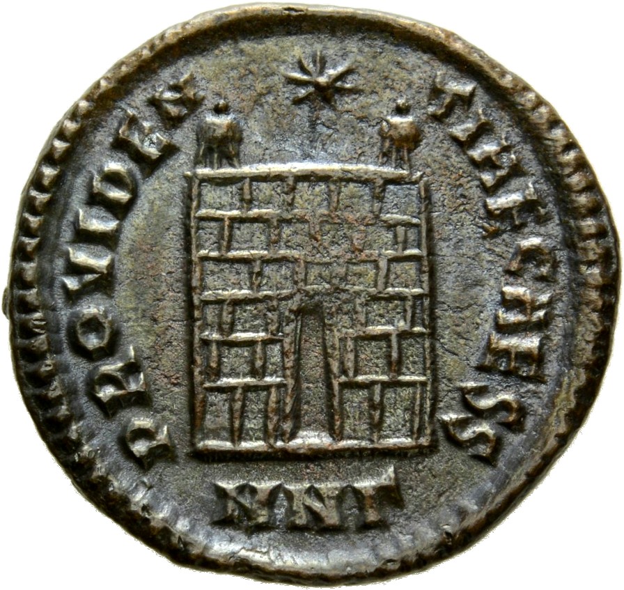 Constantine I reverse — Camp gate with two turrets, without doors, with varying number of stone layers; star above