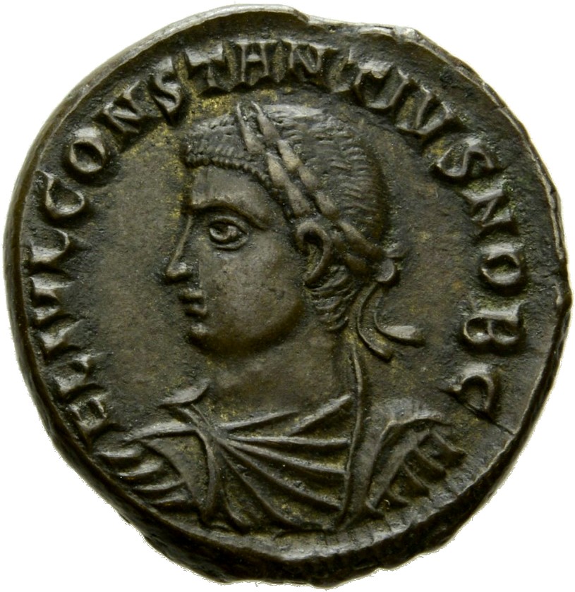 Constantine I obverse — Bust of Constantius II, laureate, draped, cuirassed, left
