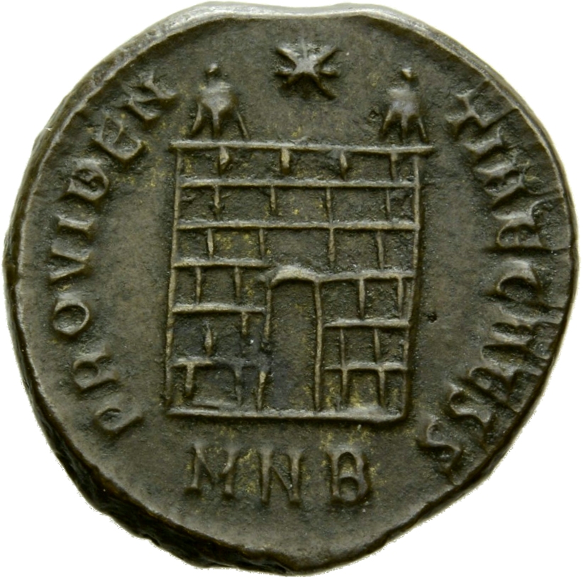 Constantine I reverse — Camp gate with two turrets, without doors, with varying number of stone layers; star above