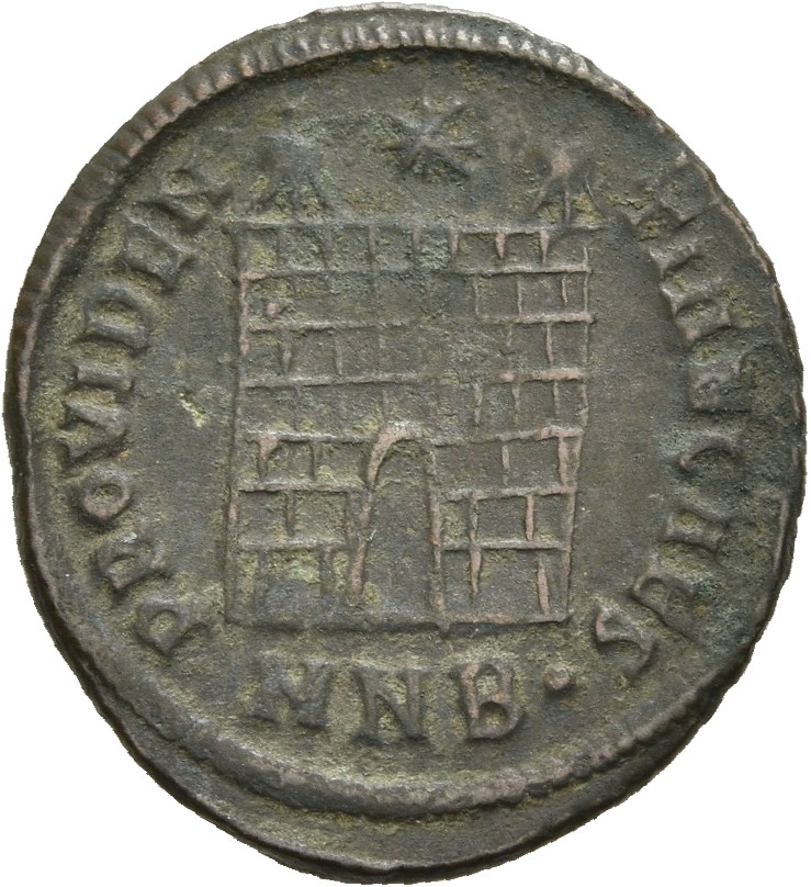 RIC VII Nicomedia 128 Constantine I reverse, Camp gate with two turrets, without doors, with varying number of stone layer...