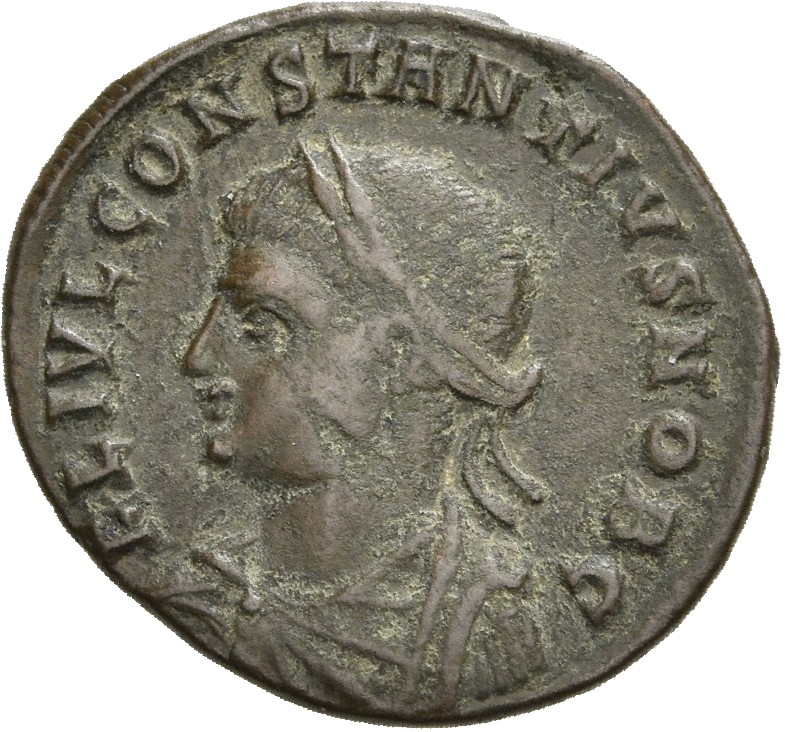 RIC VII Nicomedia 128 Constantine I obverse — Bust of Constantius II, laureate, draped, cuirassed, left