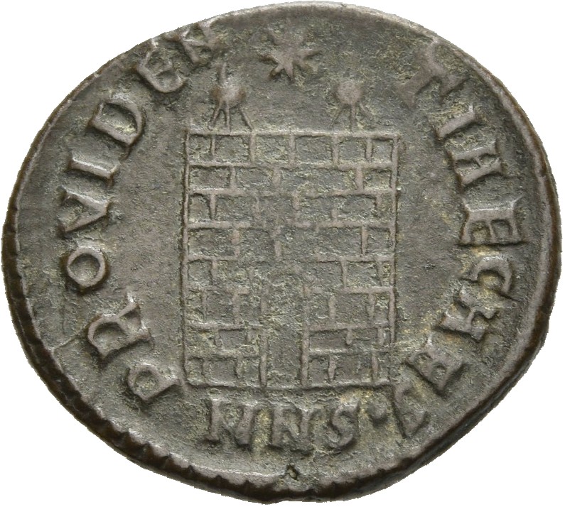 RIC VII Nicomedia 128 Constantine I reverse — Camp gate with two turrets, without doors, with varying number of stone laye...