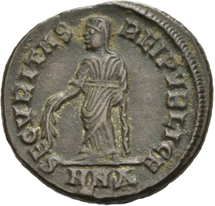 RIC VII Nicomedia 129 Constantine I reverse, Securitas, draped, standing left, raising robe with right hand and lowering b...