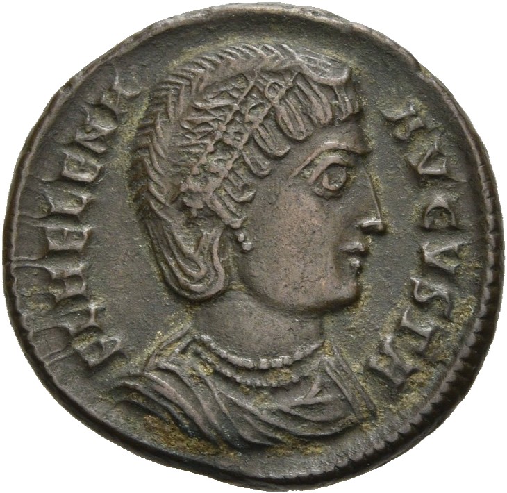 RIC VII Nicomedia 129 Constantine I obverse, Bust of Helena, wearing necklace and mantle, right