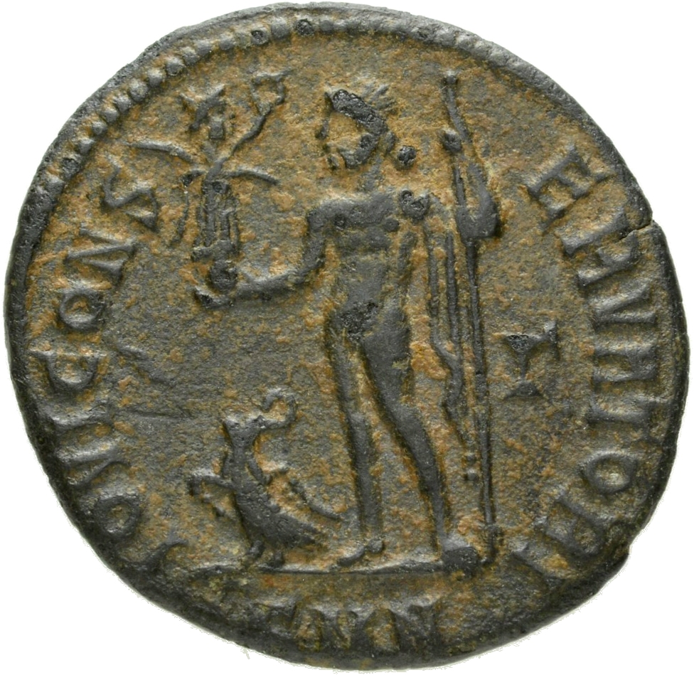 RIC VII Nicomedia 13 Licinius reverse, Jupiter, nude, chlamys draped across left shoulder, standing left, holding Victory ...