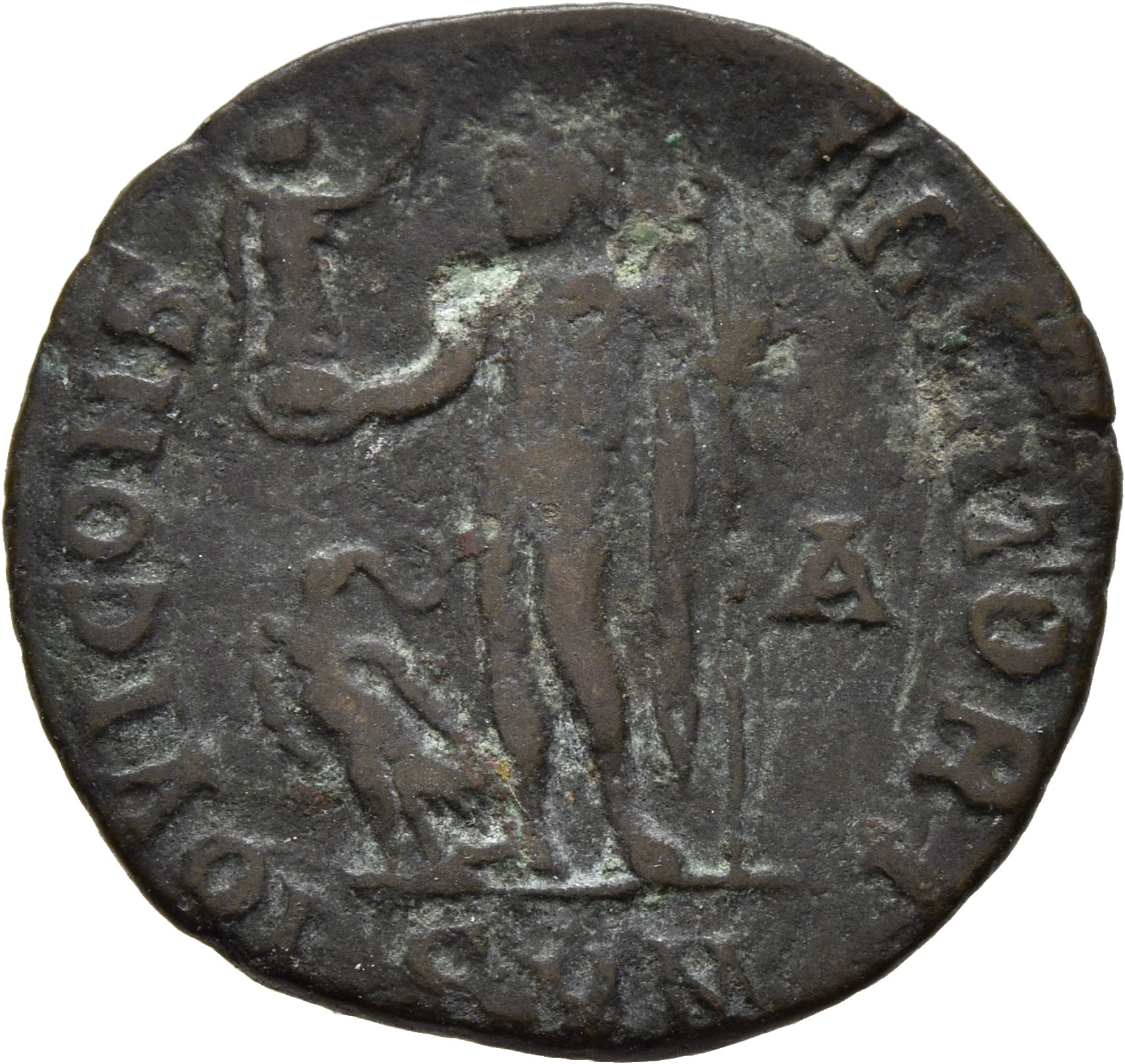 RIC VII Nicomedia 13 Licinius reverse — Jupiter, nude, chlamys draped across left shoulder, standing left, holding Victory...