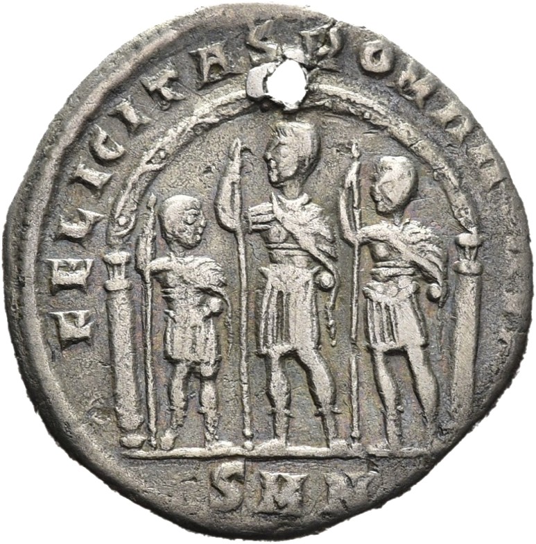 RIC VII Nicomedia 143 Constantine I reverse, Constantine I, draped, standing left under arch between two sons, each holdin...