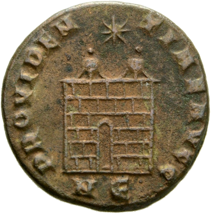 RIC VII Nicomedia 144 Constantine I reverse, Camp gate with two turrets, without doors, with varying number of stone layer...