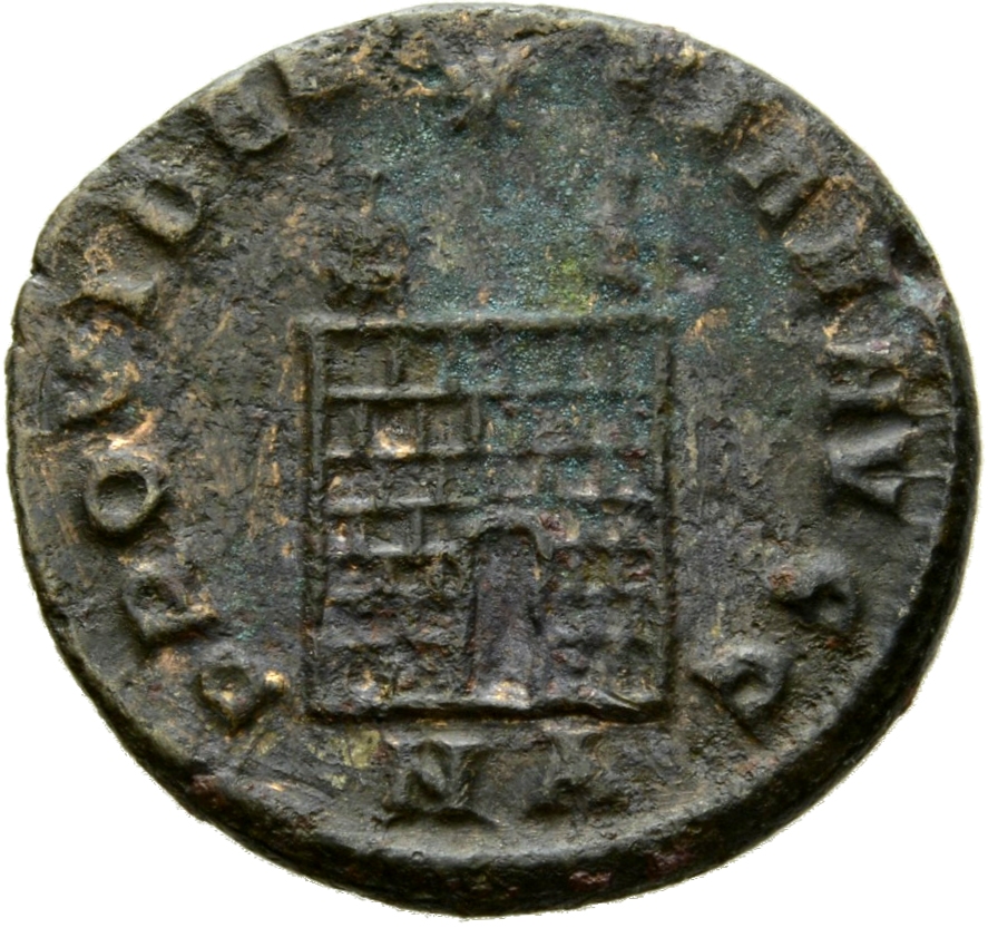 Constantine I reverse — Camp gate with two turrets, without doors, with varying number of stone layers; star above