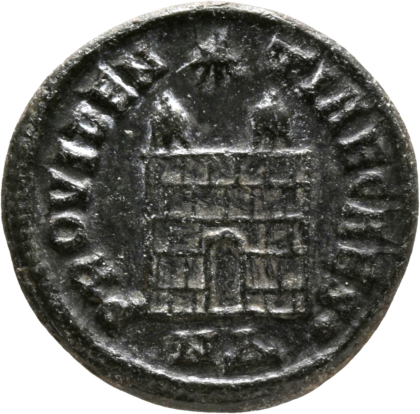 RIC VII Nicomedia 147 Constantine I reverse, Camp gate with two turrets, without doors, with varying number of stone layer...