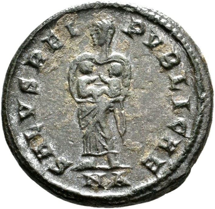 RIC VII Nicomedia 149 Constantine I reverse, Fausta, veiled, draped, standing front, head left, holding two children in he...