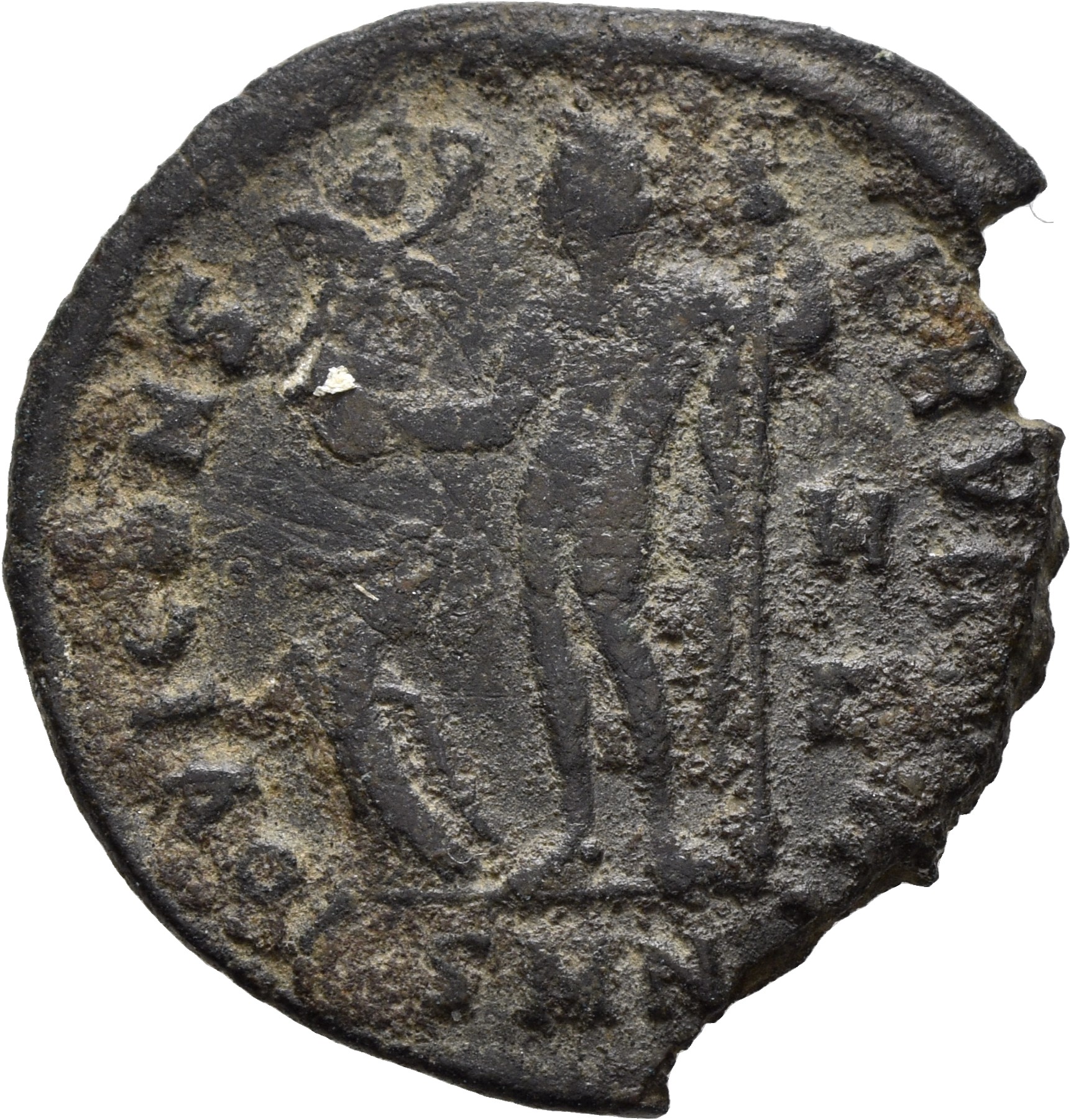 RIC VII Nicomedia 15 Licinius reverse, Jupiter, nude, chlamys draped across left shoulder, standing left, holding Victory ...