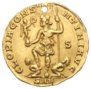 Constantine I reverse — Camp gate with two turrets, without doors, with varying number of stone layers; star above