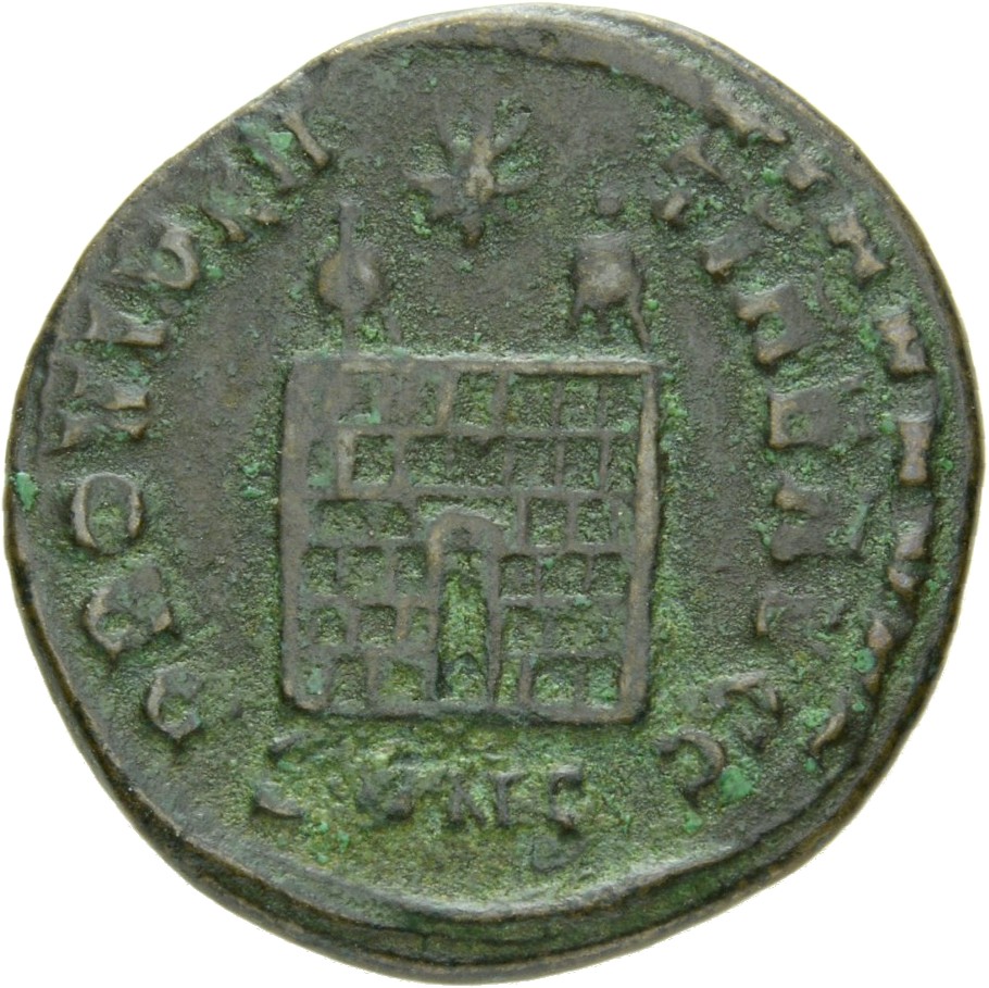 RIC VII Nicomedia 153 Constantine I reverse, Camp gate with two turrets, without doors, with varying number of stone layer...