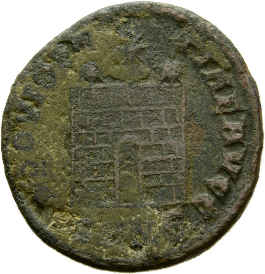 Constantine I reverse — Camp gate with two turrets, without doors, with varying number of stone layers; star above