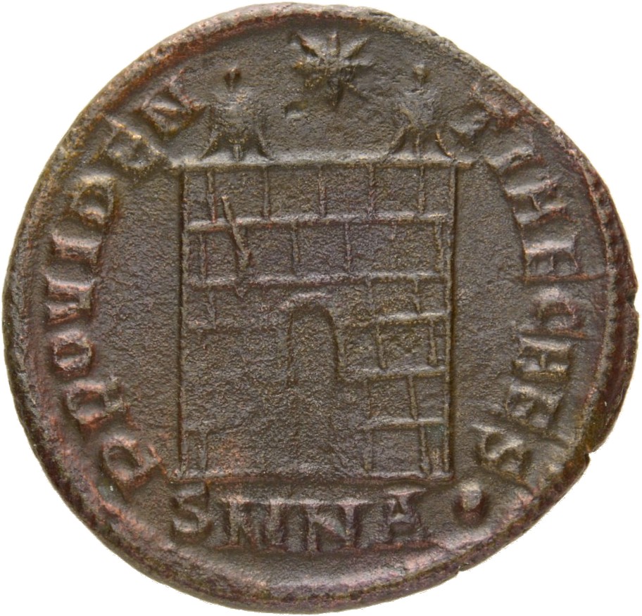 Constantine I reverse — Camp gate with two turrets, without doors, with varying number of stone layers; star above