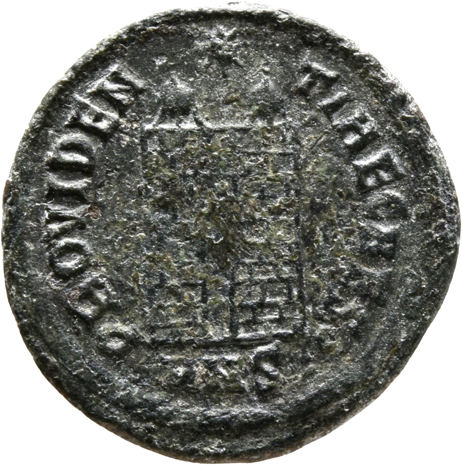 RIC VII Nicomedia 158 Constantine I reverse, Camp gate with two turrets, without doors, with varying number of stone layer...