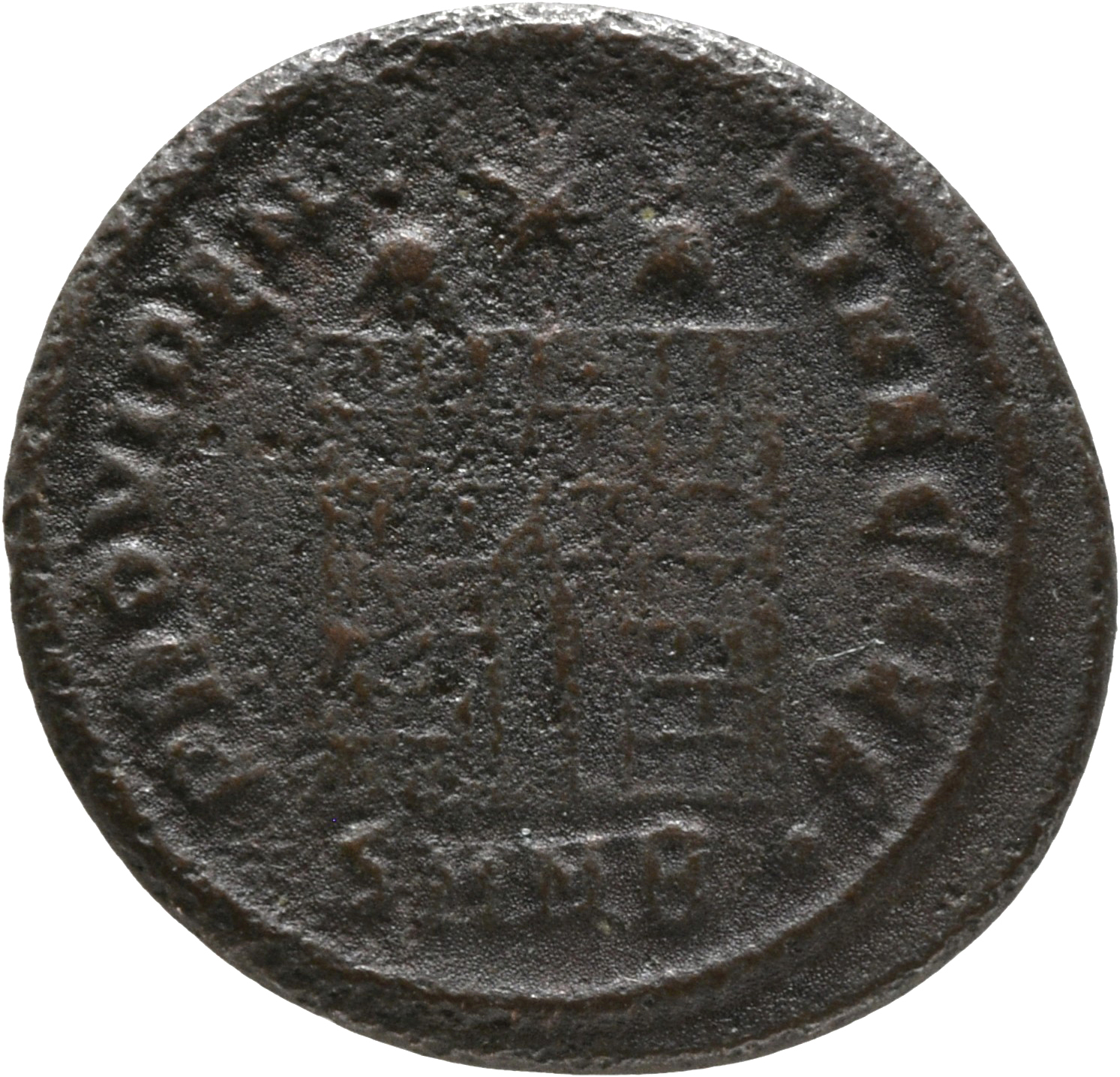 RIC VII Nicomedia 158 Constantine I reverse — Camp gate with two turrets, without doors, with varying number of stone laye...